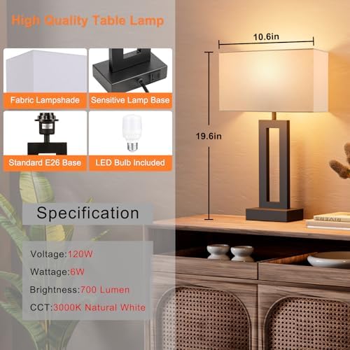 Nightstand Table Lamps for Bedrooms Set of 2 - Touch Bedside Lamp with USB C+A, 3 Way Dimmable Living Room Lamps for End Tables Set of 2, Modern Night Stand Lamps for Bed Side Guest Room(White)