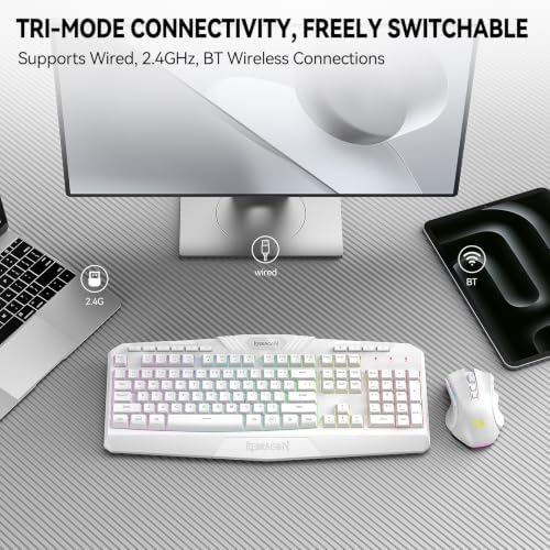 Redragon S101M-WS Gaming Keyboard and Mouse Wireless with 3-Mode (White)