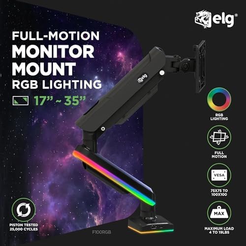 ELG RGB Gaming Monitor Arm, Gas Spring, 17-35" Screens up to 19.8 lbs, Aluminum & Steel, 360° Rotation, Tilt & Swivel, C-Clamp & Grommet, VESA 75x75 to 100x100mm, Cable Management, Black