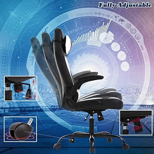 PC Gaming Chair Office Computer Ergonomic Chair PU Leather Adjustable with Flip Up Arms Lumbar Support Headrest E-Sport Racing Desk Swivel Chairs High Back(White)