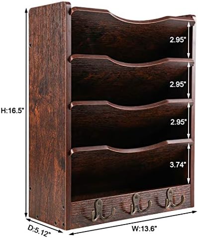 PAG-Mass 5-Tier Wall File Holder Hanging Mail Organizer Wood Magazine Literature Rack with 6 Hooks, Brown