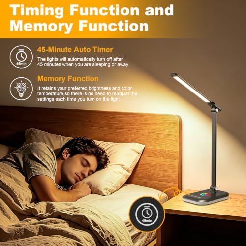 LED Desk Lamp,5 Color Modes, USB Charging Port for Home Office Dimmable Eye Caring Table Light with Timer for Work Study,Reading Lamp Touch Control with RGB,Flexible Rotation Design