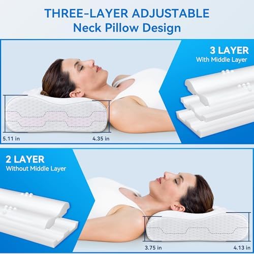 Cervical Neck Pillow for Pain Relief- Queen Size Adjustable Cooling Pillow for Sleeping, Memory Foam Pillows for Neck Shoulder, Ergonomic Contour Bed Pillow for Side, Stomach & Back Sleepers