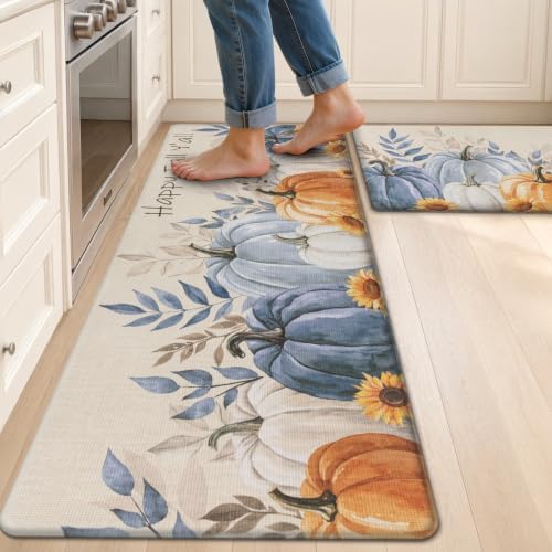 HEBE Fall Kitchen Rug Set of 2, Anti Fatigue Pumpkin Kitchen Mats for Floor