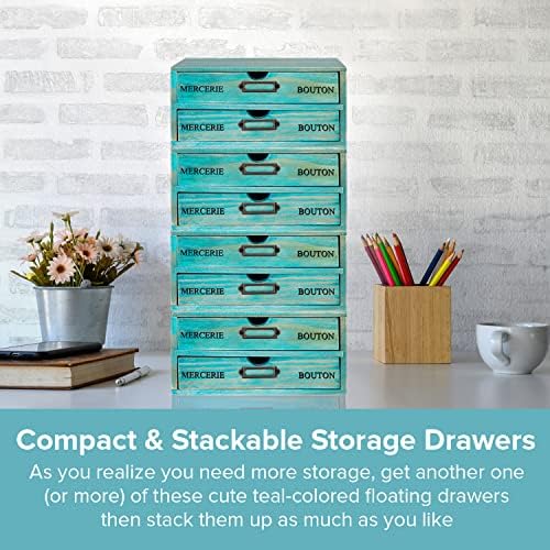 Turquoise 4-Tier Drawer Unit - Teal European Country Style Desk Organizer Box - 9.7x7x10 Wooden Stackable Drawers - Countertop Organizer Drawers w/Label Holder - 4-Level File Drawer Unit