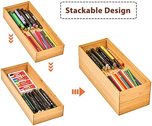 Umilife Bamboo Kitchen Drawer Organizer Boxes with Anti-Skid Silicone Feet, 2pcs Stackable Storage Bins for Kitchen Utensils & Silverware & Desk Drawer & Makeup, Tools Holder, 15”L x 6”W x 2.5”D Each