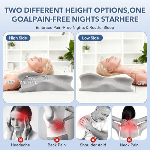 Cervical Pillow for Neck Pain Relief, Ergonomic Memory Foam Pillows for Neck Pain Relief with Ice Silk Pillowcase，Adjustable Contour Neck Support Pillow for Side Back Stomach Sleepers (White)