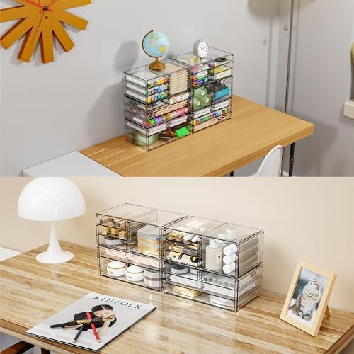 Yieach 2 Pack Acrylic Storage Drawers With 4 Drawers,Stackable Desk Organizers and Makeup Organizer,Large Clear Office Supplies Organizer for Pen,Medical,Art Craft,Stationery Organizer for Countertop