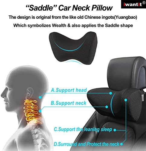 iwantit® Car Neck Pillows with Memory Foam, Neck Supporting for Long Time Driving, Adjustable Straps and Comfy Outer Cover(Black,1Package, Large Size)
