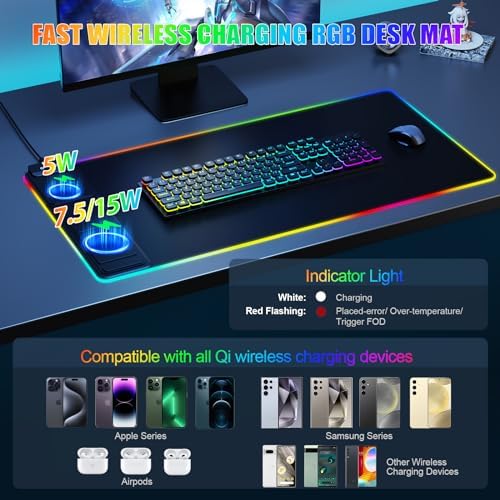 Wireless Charging RGB Mouse Pad with Phone Stand, Large Gaming Desk Mat (Black - 31.5x15.8 Phone Stand with PD Adapter)