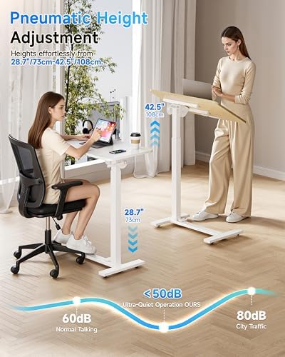BIZUM Mobile Standing Desk Laptop Desk Pneumatic with Wheels 180° Tilt Top Hospital Bed Table Portable Rolling Cart Foldable Bedside Table for Hospital&Home Use, Maple