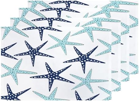 Shrahala Nautical Starfish Placemats, Table Mat Linen Burlap Washable Double-Deck Heat Insulation for Dining Table Kitchen Table Set of 4 (12 x 18 inch),Sky Blue White Navy Sea Star
