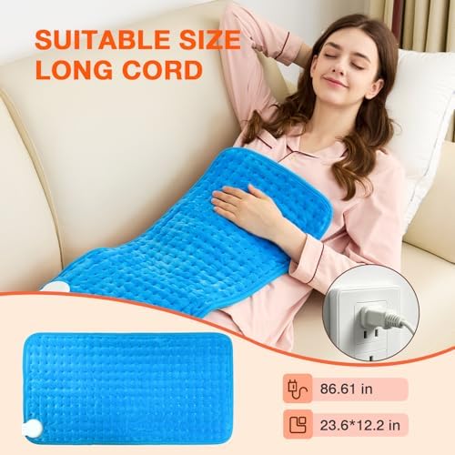 Dry & Moist Heating Pad for Back, Neck, Shoulders, Knees, Period Cramps, Sore Muscles, Soft Electric Heating Pad, Fast Heating,4 Heat Levels, Auto-Off, Machine Washable,Perfect Gifts (Blue,12"x24")