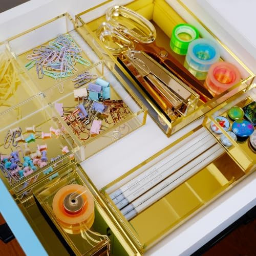 Gold Acrylic Desk Organizer for Office or Home Desk Drawer Dividers, Makeup Vanity Storage Bins, Stackable 4-Pack, Acrylic Accessory and Half Accessory Tray/Small Tray