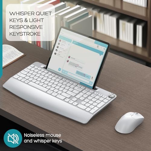 GAMCATZ Wireless Keyboard and Mouse - Full-Sized Ergonomic Keyboard with Wrist Rest, Phone Holder, Volume Knob,2.4GHz Silent Cordless Keyboard Mouse Combo for Computer, Laptop, PC, Mac, Windows -White