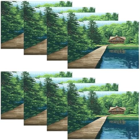 Peaceful Retreat Forest Getaway Linen Placemats, Lakeside Dwelling Wooden Abode Table Mats for Table Washable Heat Insulation Thick Dining Mat, Indoor/Outdoor 12X18 in 8 Pcs