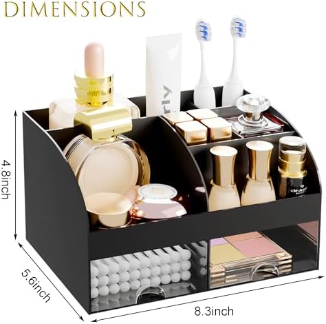 Makeup Organizer with 2 Drawers, Cosmetic Storage for Dresser Vanity and Bathroom Countertop,Make up organization and Skincare Storage with Beauty Brush Holder, Cosmetic Display Case (Black)