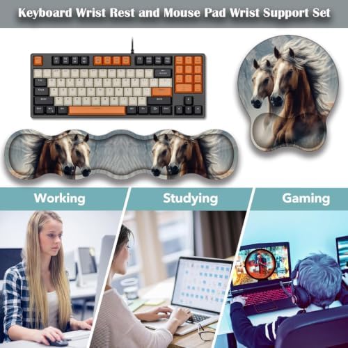 Ergonomic Keyboard Wrist Rest & Mouse Wrist Support Set with Lace Coaster, Gel Memory Foam Anti-Slip Base, Pain Relief for Typing, Horse