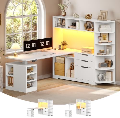 SEDETA 59" L Shaped Standing Desk with 3 Drawers Storage and Bookshelves