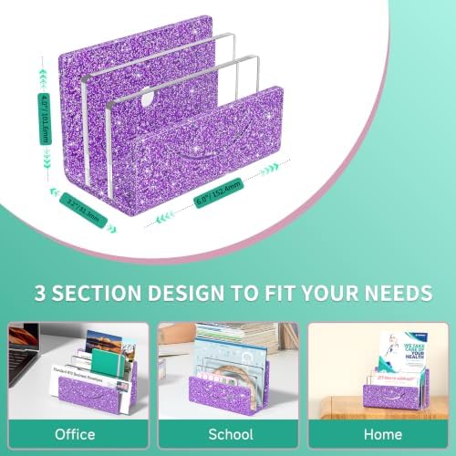Mail Organizer Envelope Holder - 3 Compartments Glitter Purple Acrylic Mail Holder Countertop Home Office Desk Organizer Small File Sorter Vertical Bill Letter Paper Document Storage Rack