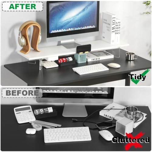 TEAMIX White Dual Monitor Stand with Acrylic Leg & Drawer & Phone Holder