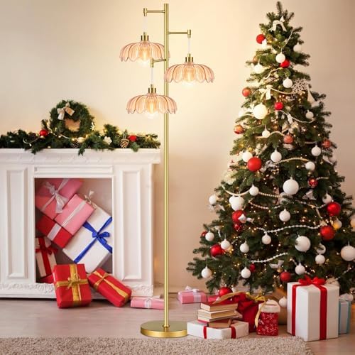 Vintage Floor Lamps for Living Room Bedroom-3 Light Glass Floor Lamp with Three Led Bulb, Flower Tall Floor Lamp Gold Mid Century Modern Standing Lamp Tree Floor Lamps for Living Room Bedroom Corner