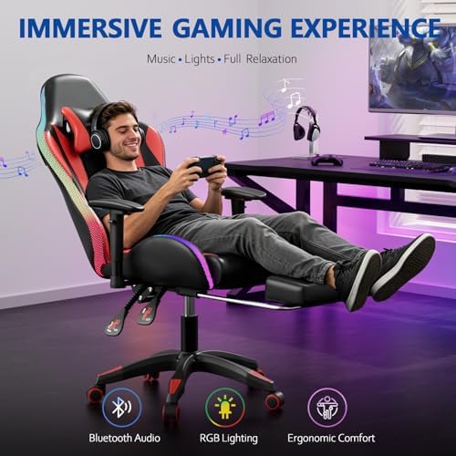 Mr IRONSTONE RGB Gaming Chair with Bluetooth Speakers, Ergonomic Gamer Chair with LED Lights, Vibration Lumbar Support, Footrest and High Back Reclining Design for Adults, Red