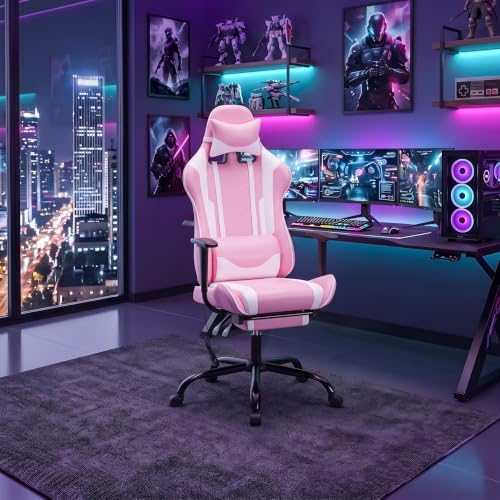 BestOffice Women's Pink Faux Leather PC Gaming Chair with Lumbar Support, Swivel and Adjustable Armrests
