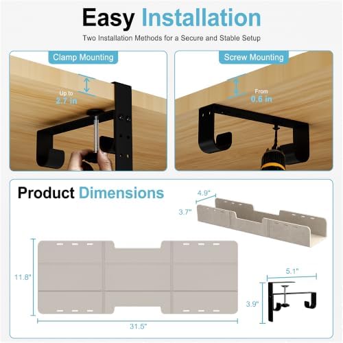 No-Drill Under Standing Desk Cable Management,31.5" L,Beige