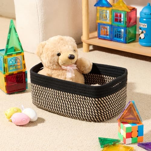 MiniArk Small Storage Baskets for Organizing | Closet Organizer Bins | Shelf Toy Basket | Woven Rope Baskets | Cube Decorative Box | Shallow Basket | 13x8.5x5.1” | 4 Packs Black Brown