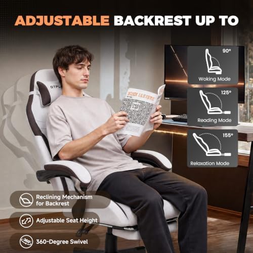 GTPLAYER Gaming Chair with Footrest, Ergonomic Office Chair 400lbs Heavy Duty, Big and Tall Computer Desk Chair with Lumbar Support and Headrest, Breathable Tech Fabric, 90-155° Recline Brown