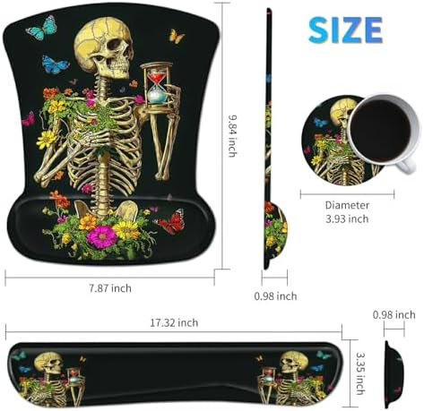 Ergonomic Memory Foam Keyboard Wrist Rest Pad Set, Flower Butterfly Skull