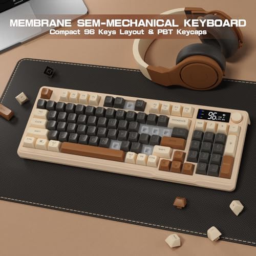 LexonElec M96 Wireless Gaming Keyboard,Knob Control Bluetooth/2.4G Wireless Mechanical Feeling Keyboard,RGB LED Backlit with Display Screen, PBT Keycap, 3000mAh, 94-Key Layout for Win/Mac(Coffee)