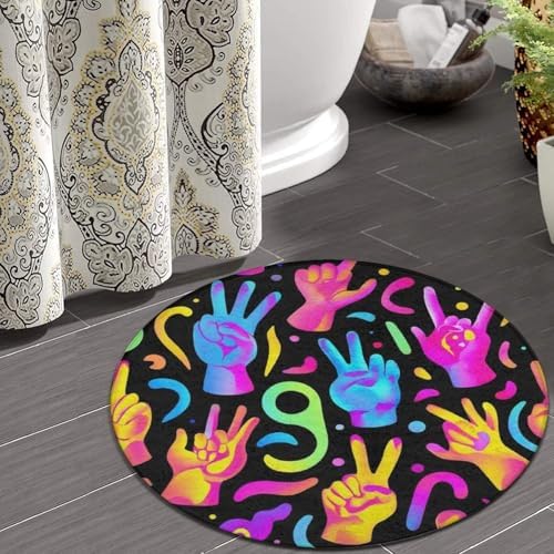 Large Home Decor Mat, Soft Round Yoga Carpet, Non Slip Machine Washable Kitchen Office Circle Rug Trippy Neon Hands