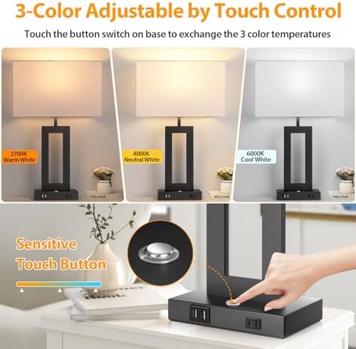 27.2’’ Tall Black Table Lamps for Living Room Bedroom, Bedside Touch Control Lamps with 2 USB Ports&AC Outlet, 3 Color Temp.&Stepless Dimming Desk Lamp Sets for Home Office, Pre-assembled White Shade