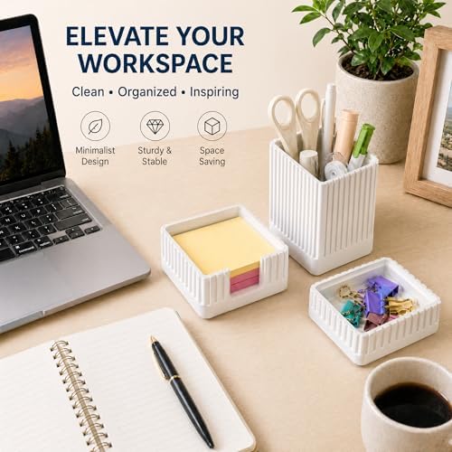 Aesthetic White Desk Organizer Set, Pen, Clip and Sticky Note Holder