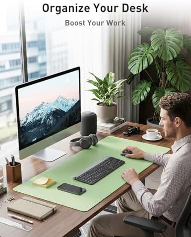 Aothia Faux Leather Desk Mat - Non-Slip PU Leather Desk Blotter, Waterproof Writing Surface, Large Desk Pad for Office & Home (Foam Green, 55" x 17")
