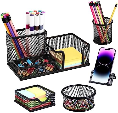 Mesh Pen Holder for Desk Pencil Holders 5 Pieces Desk Organizer Office Supplies Caddy with Sticky Notes Holder for Office School Home Black