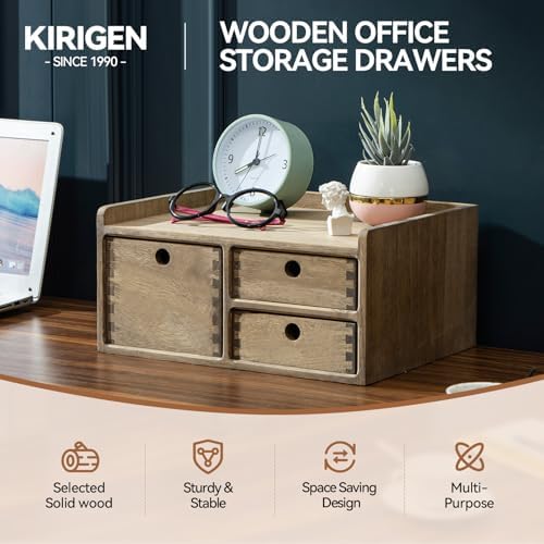 KIRIGEN Wooden Desk Organizer with 3 Drawers and Top Tray, Brown DT1D3C-DBR