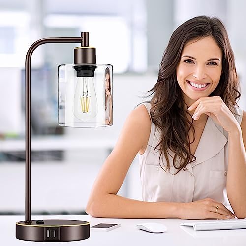 Industrial Touch Table Lamps Set of 2 - Bedside Lamps with 2 USB Ports & AC Outlet, 3-Way Dimmable Nightstand Desk Lamp for Bedroom Living Room, Glass Shade & 2 LED Bulbs Included - Oil-Rubbed Bronze