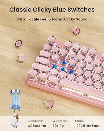 Wireless Typewriter Style Mechanical Keyboard with White Backlit, Pink