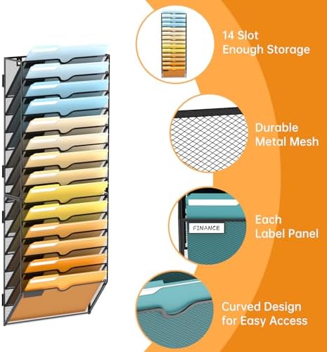 SUPEASY 14 Tier Wall File Organizer, Hanging Wall Mounted Mail Organizer with Label Slots, Metal Mesh File Holder Magazine Rack for Office, Home, School or Classroom, Black