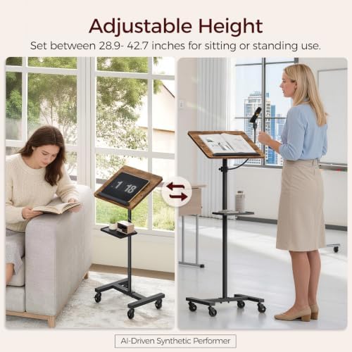 MAHANCRIS Podium Stand with Microphone Stand, Mobile Lectern and Laptop Desk with Storage Tray, 28.9-42.7 Inch Adjustable Height Portable Podium for Classroom, Conference Room, Rustic Brown LPHR4001
