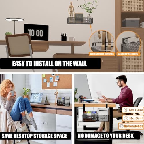 orbixa Under Desk Storage Organizer Clamp-On,Mesh Metal 3-IN-1 Desk side storage - Use on desk,under table or as a hanging wall organizer for office supplies & home& school essentials (black color)