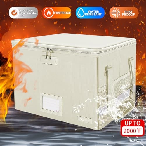 ENGPOW File Box with Lock, Fireproof Document Box with Zipper Lid, Collapsible File Storage Organizer Filing Cabinet with Handles, Portable Home Office Safe for Hanging Letter/Legal Folders, Beige