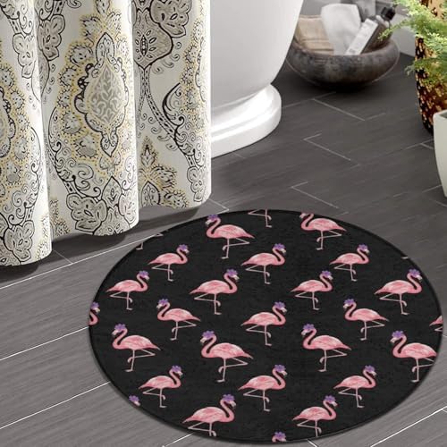 Machine Washabl Area Rug Room Sofa Yoga Soft Round Carpet, Home Decor Kitchen Office Circle Rug Pink Flamingos Lovers