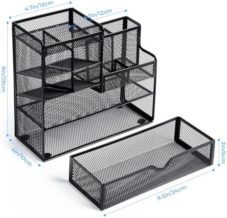 M&G Mesh Pen Holder for Desk, Multi-Functional Pencil Holder with Drawer Desk Organizer, Large Capacity Office Desk organizers and Accessories (Black)