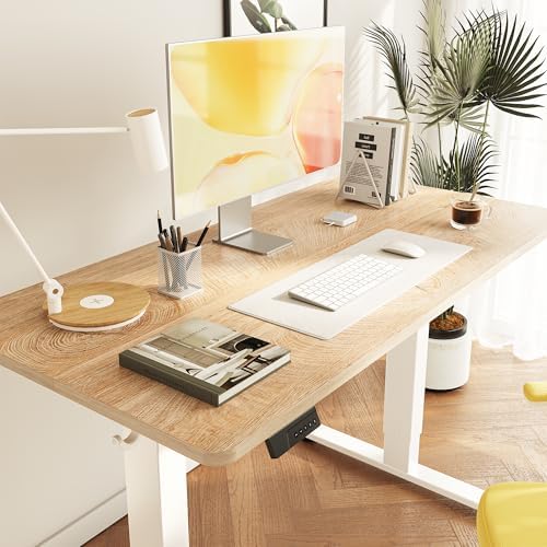 Cubiker Standing Desk, 63x28 Inches Sit Stand Home Office Desk, Electric Stand up Desk, Adjustable Desk with Splice Board, White Frame/Maple Top