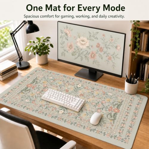 Pink Floral Desk Mat XXL Large Mouse Pad, Cute Vintage Flower Desk Pad