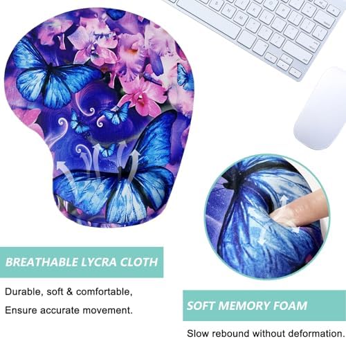 Mouse Pad with Wrist Support, Ergonomic Mouse Pads with Memory Foam Wrist Rest, Easy Typing Pain Relief, Comfortable Home Office Computer Wrist Support Pads for Working Studying, Butterfly Flowers